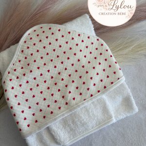 Cape de bain bébé en gaze de coton - Motif cœurs doux personnalisable