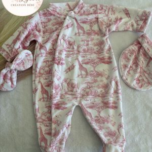 Ensemble naissance bébé safari, Pyjama +bonnet + moufles en coton doux