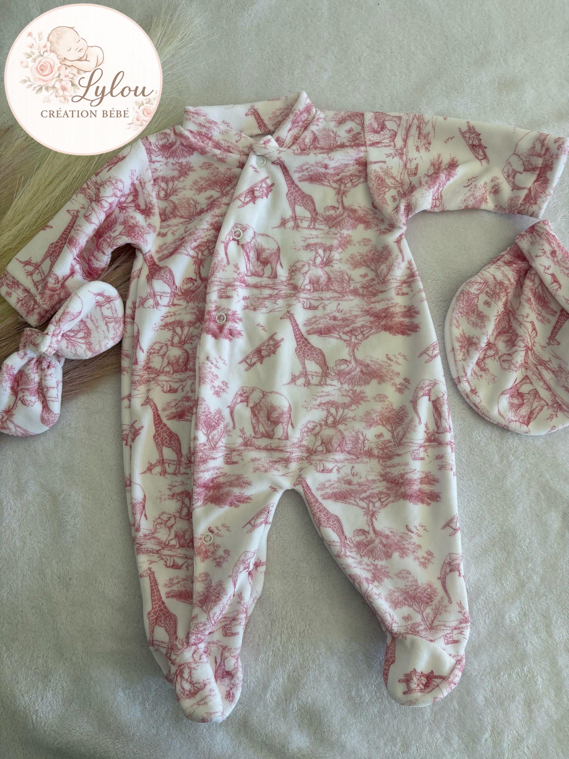 Ensemble naissance bébé safari, Pyjama +bonnet + moufles en coton doux